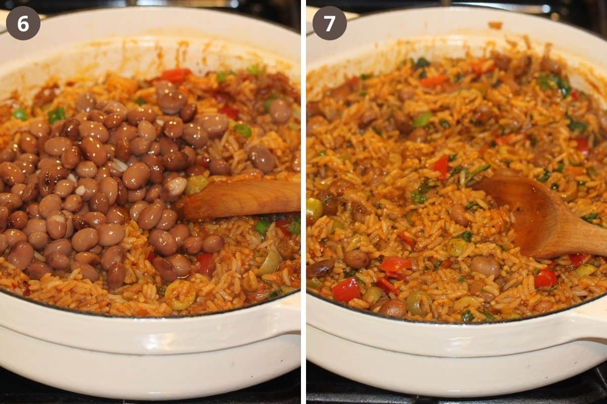 collage of two pictures of stirring beans into rice and cooking it to the end.
