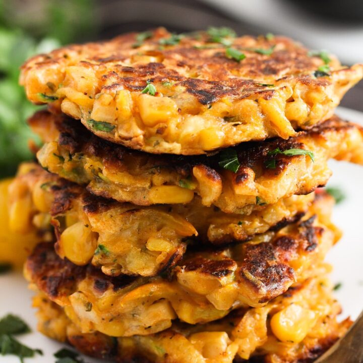 fritters with zucchini and corn stapled on plate