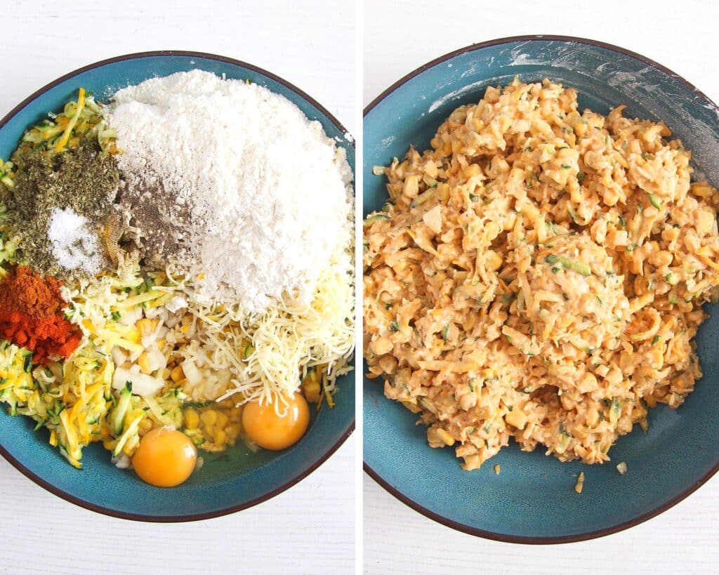 combining the ingredients for zucchini fritters in a blue bowl
