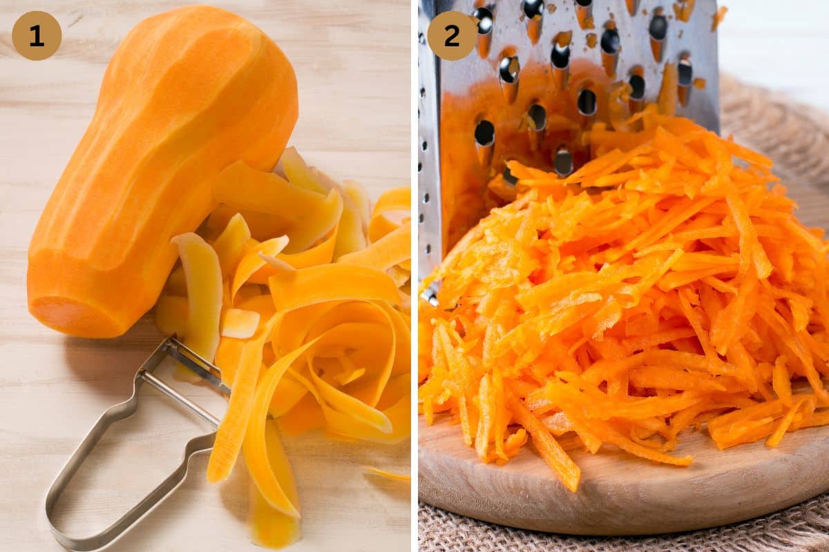 collage of two pictures of peeling and grating butternut squash