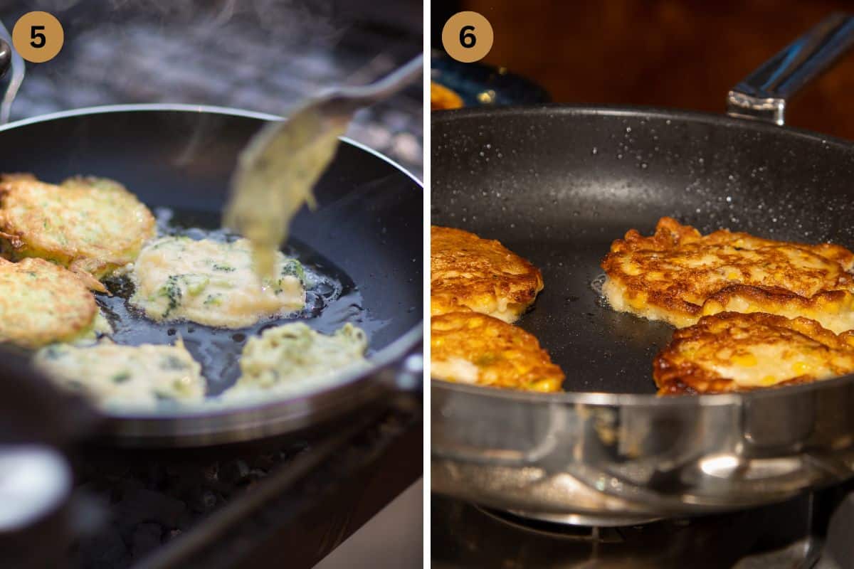 collage of two pictures of frying squash fritters in a pan.