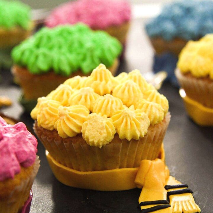 harry potter cupcakes with fondant scarves on a black board