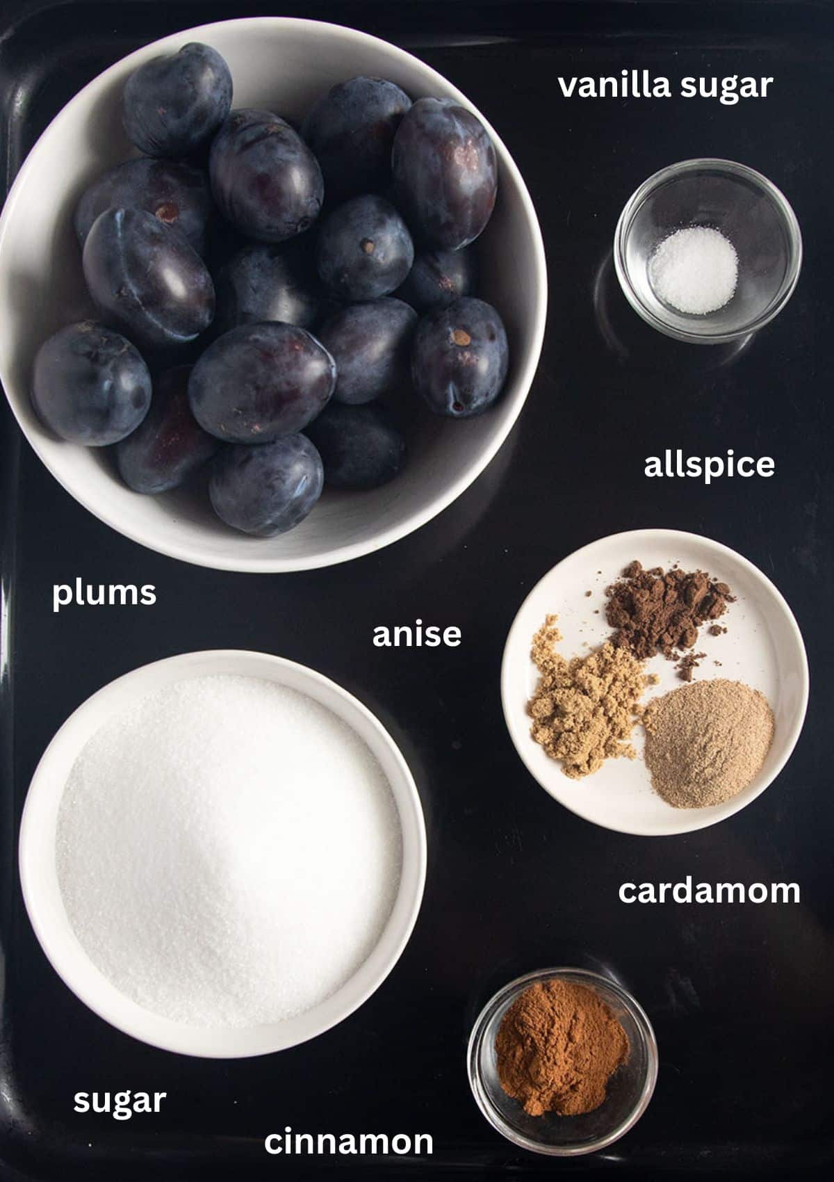 listed ingredients for making plum butter with sugar and spices.