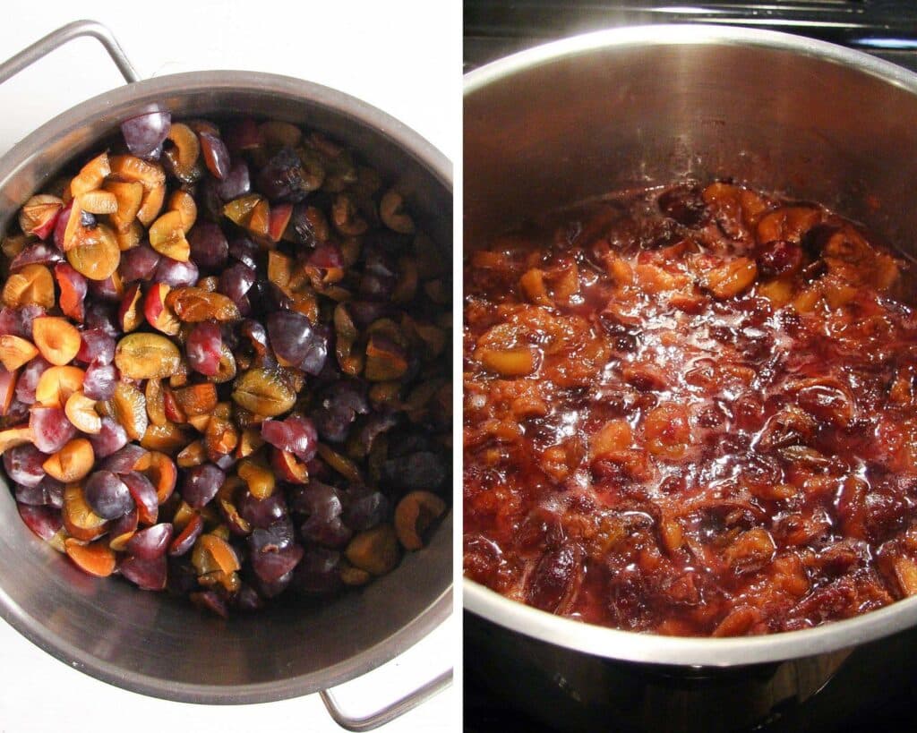 chopped and cooked plums in a large pot