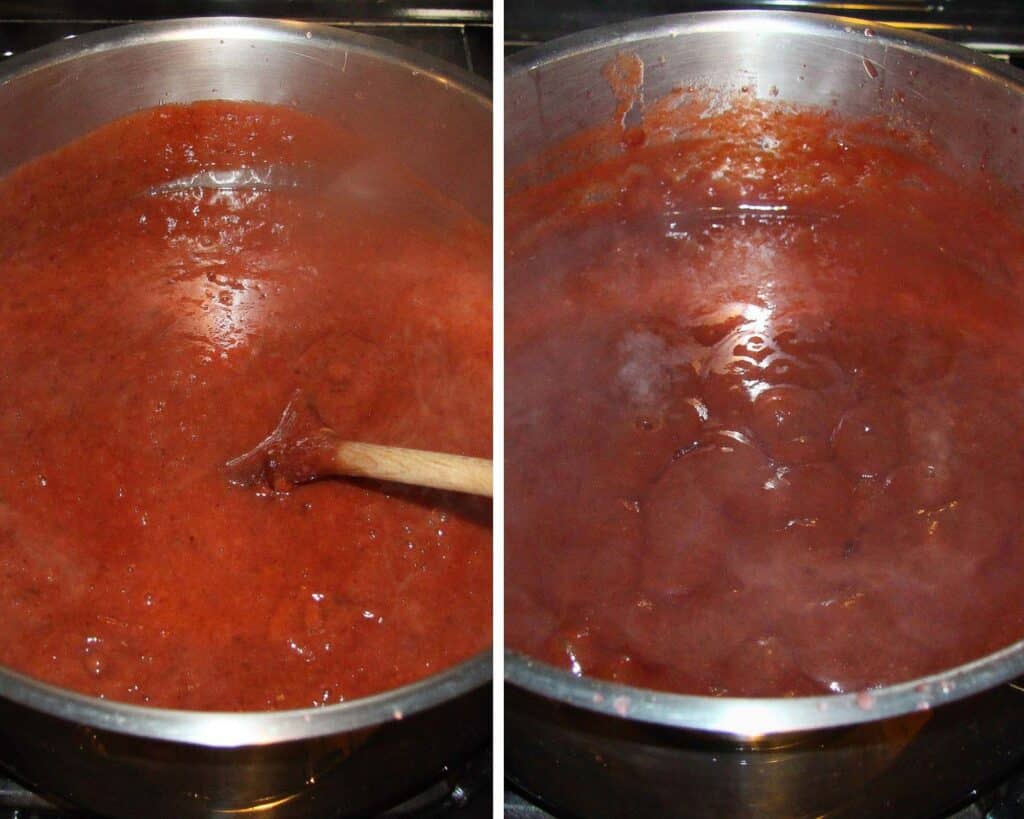 mixing jam in a large wide pot