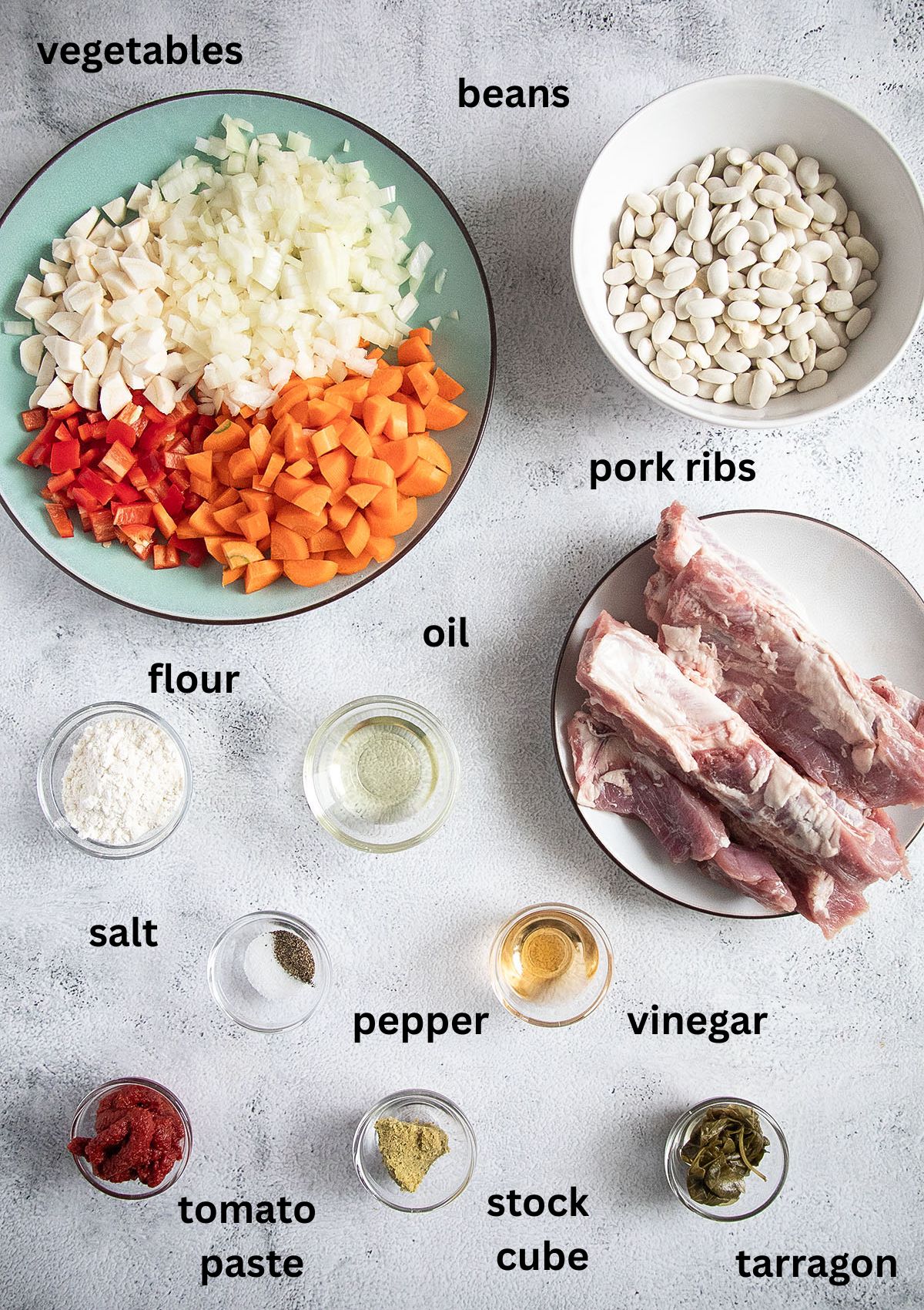 Ingredients for pork rib soup laid out and labeled: ribs, white beans, vegetables, and herbs.