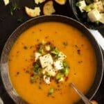 pinterest image with title for pumpkin orange soup.