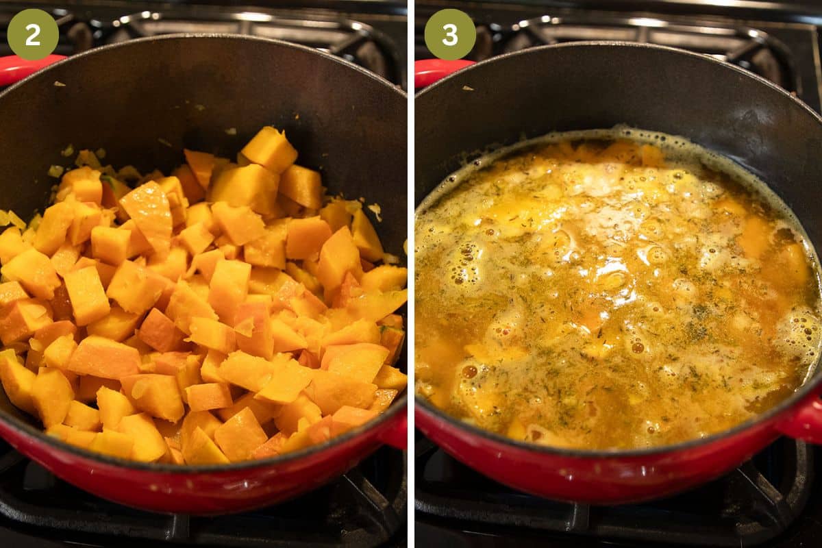 collage of two pictures of sauteing hokkaido pumpkin and adding vegetable broth in a red pot.