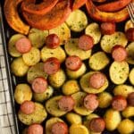 pin image with the title pumpkin and sausage bake.
