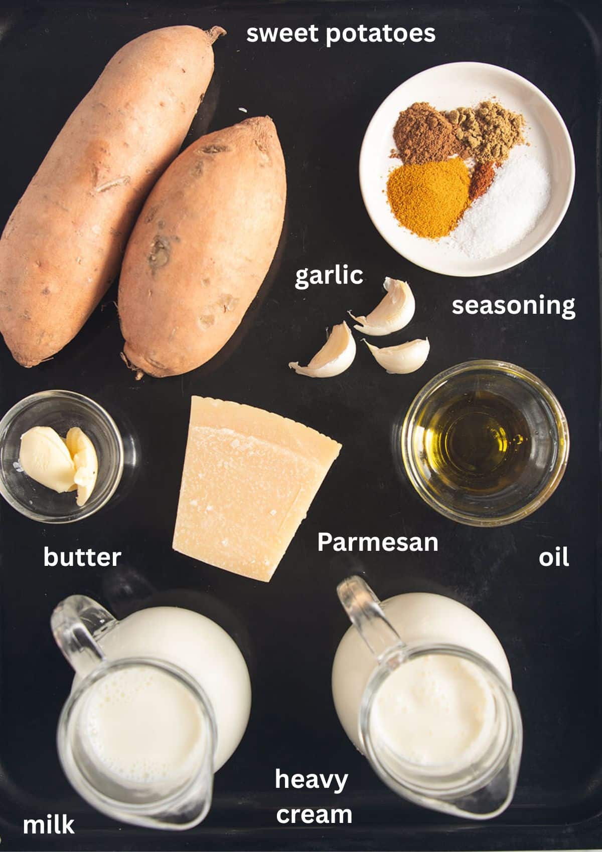 labeled ingredients for making dauphinoise with sweet potatoes, cream, milk, parmesan and spices.
