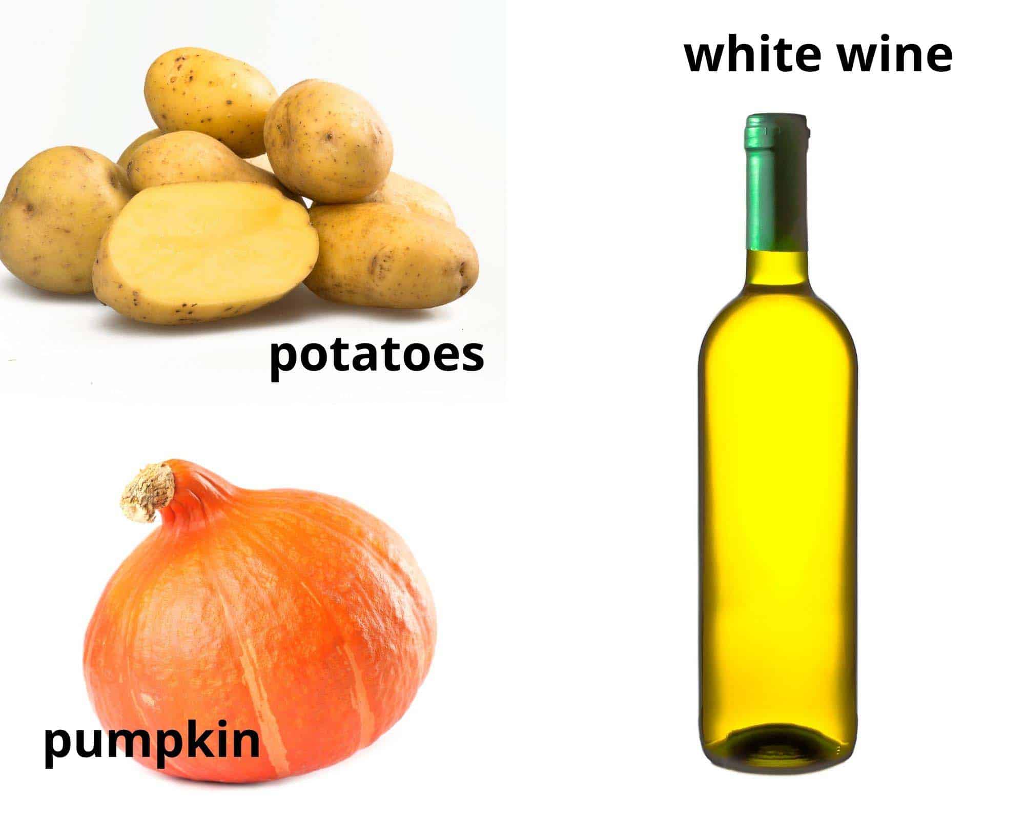 collage of three pictures of potatoes, pumpkin and a bottle of white wine.