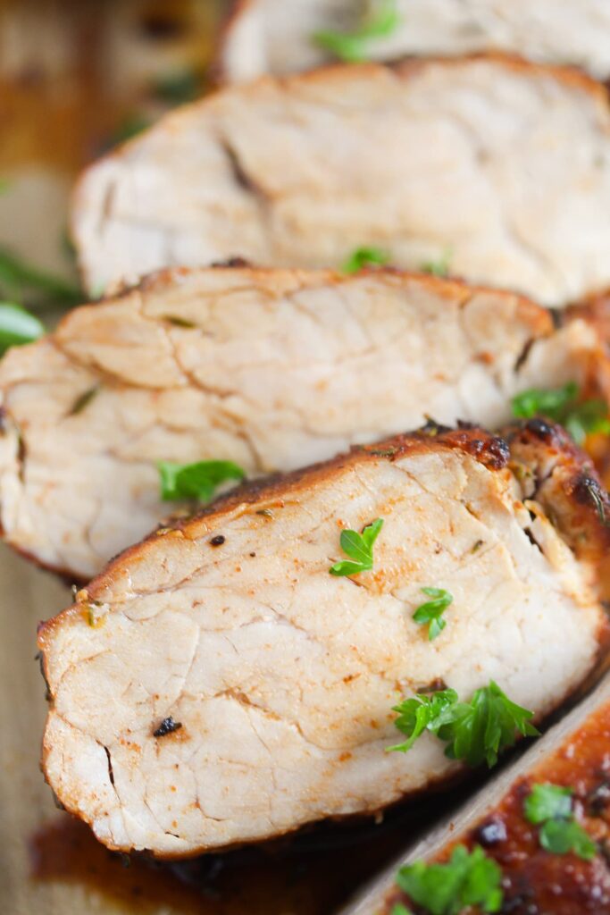 air fried pork tenderloin slices close up