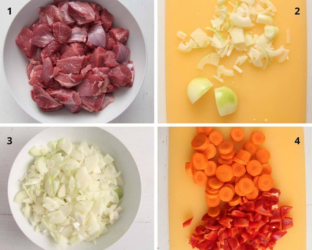 collage of chopped meat, onions, peppers and carrots