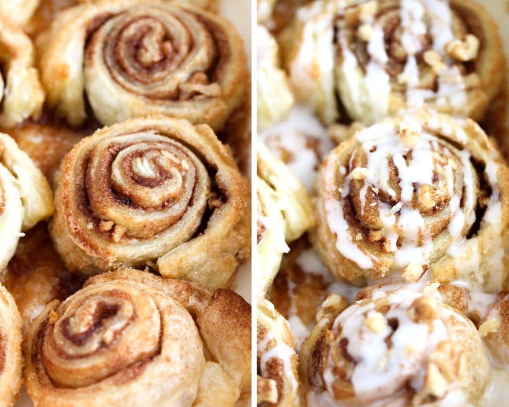 collage of 2 pictures of cinnamon rolls before and after icing
