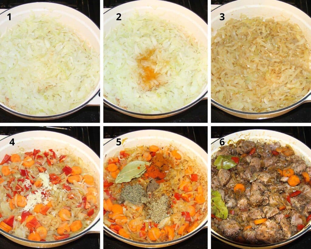 collage of cooking onions, vegetables and meat for stew