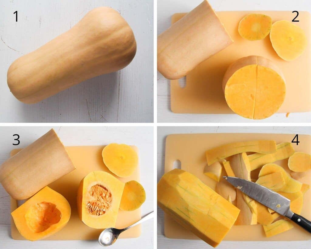 cutting and peeling a large squash