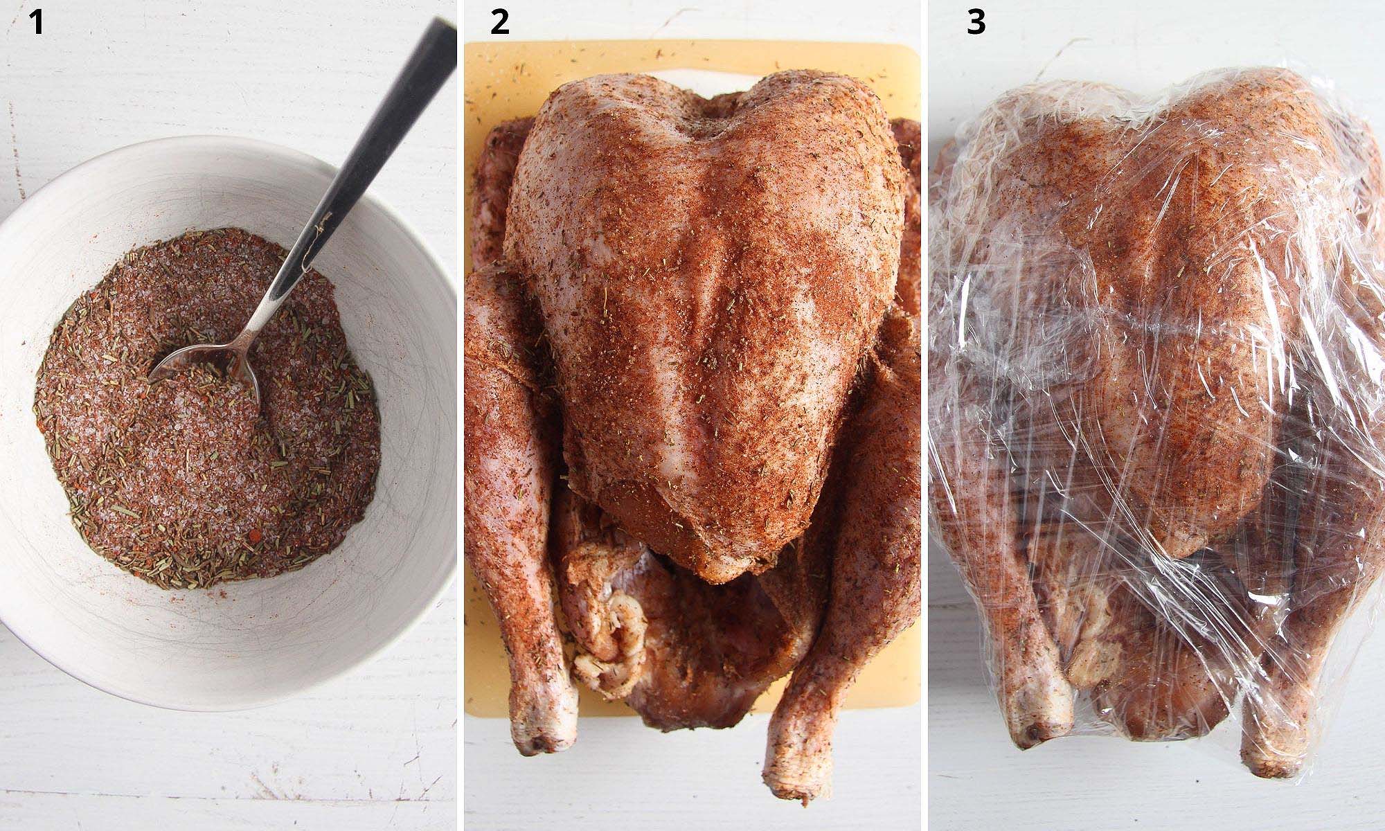 collage of 3 pictures with dry brine for turkey and bird wrapped in plastic foil