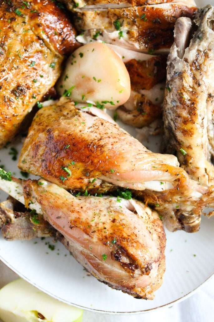 dutch oven turkey carved on a platter