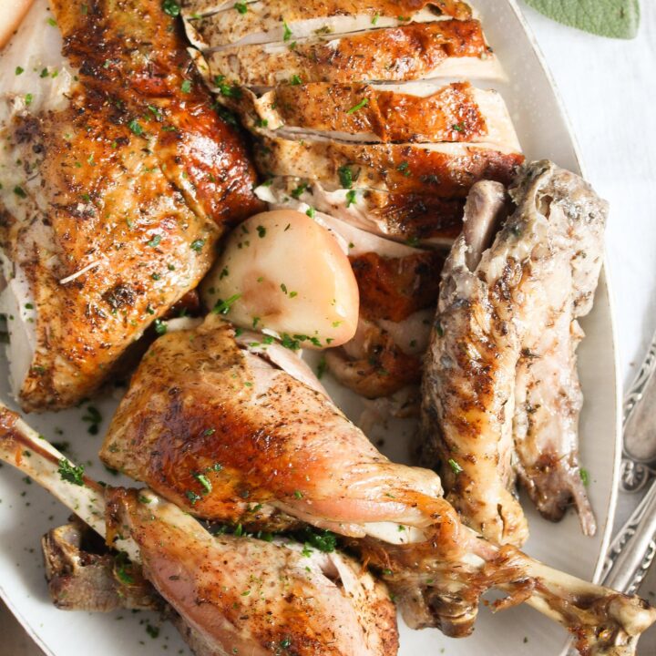 sliced turkey breast, drumsticks and thighs on a platter