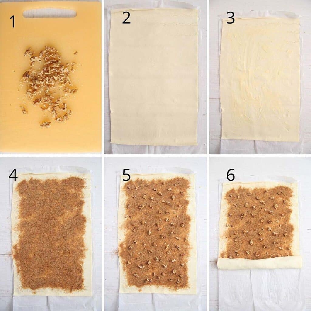 collage of 6 pictures showing how to fill and roll cinnamon puff pastry