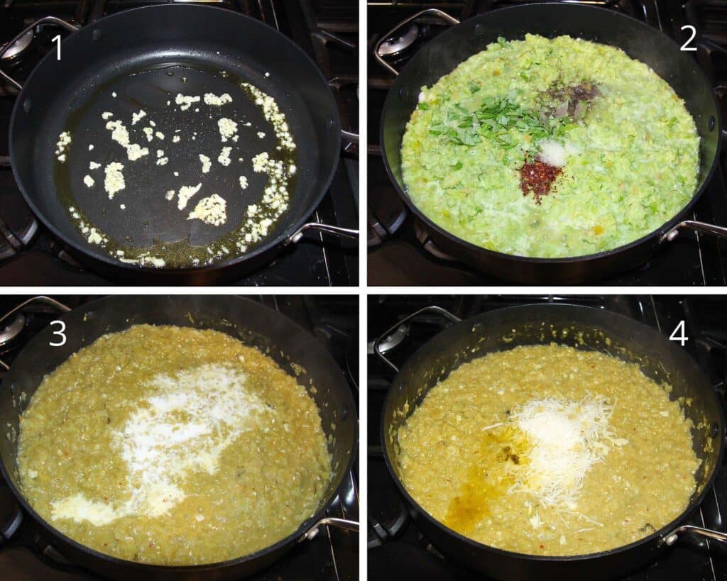 cooking garlic in a pan, adding green tomatoes, milk and parmesan