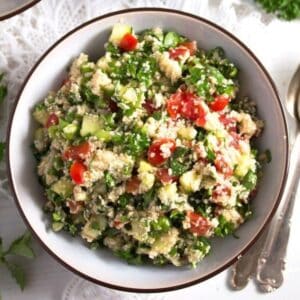 bowl with mediterranean parsley salad with tomatoes.