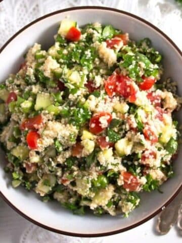 bowl with mediterranean parsley salad with tomatoes.