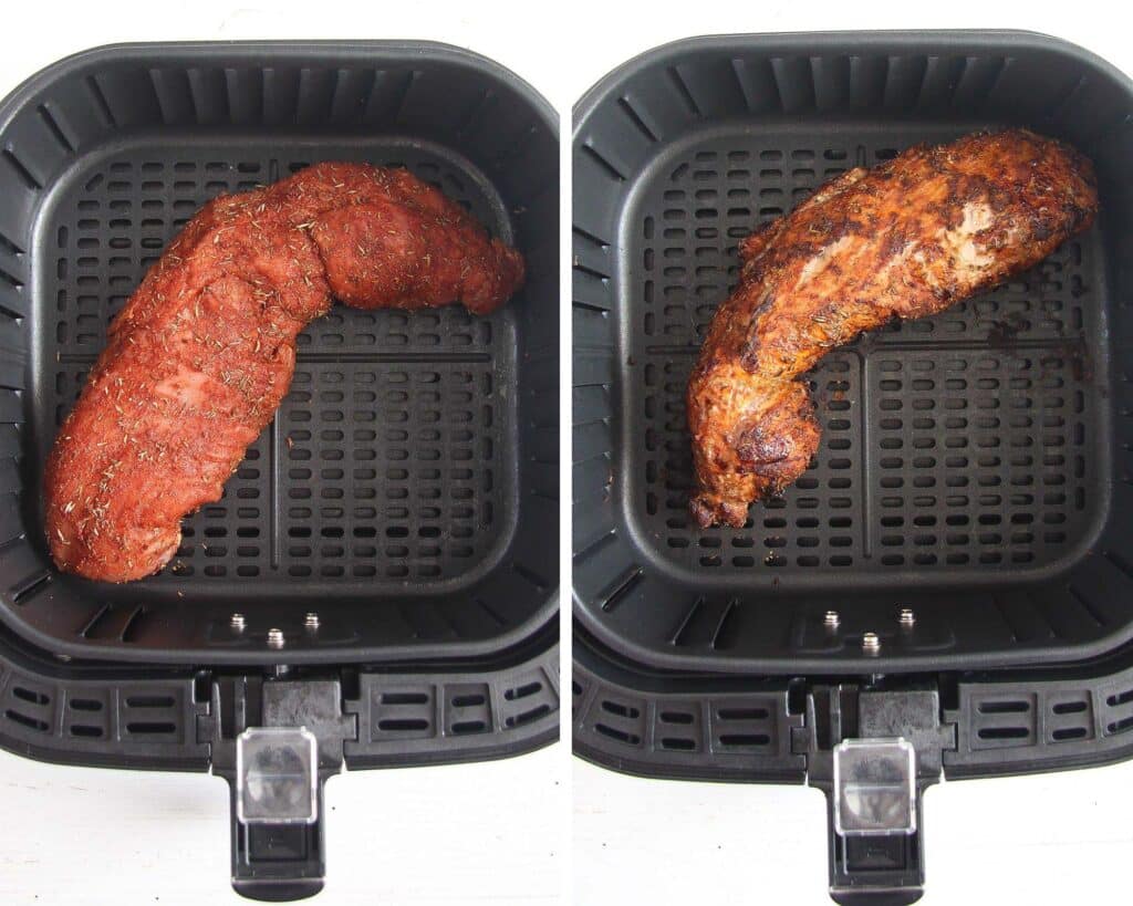 air fryer basket containing a pork tenderloin before and after cooking