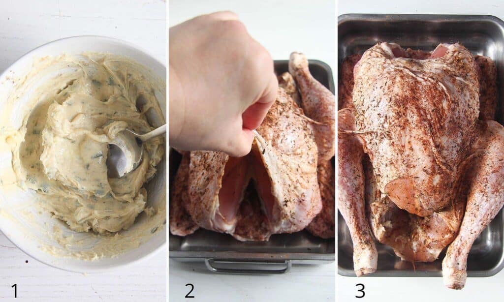 collage of 3 pictures smearing butter under skin of poultry