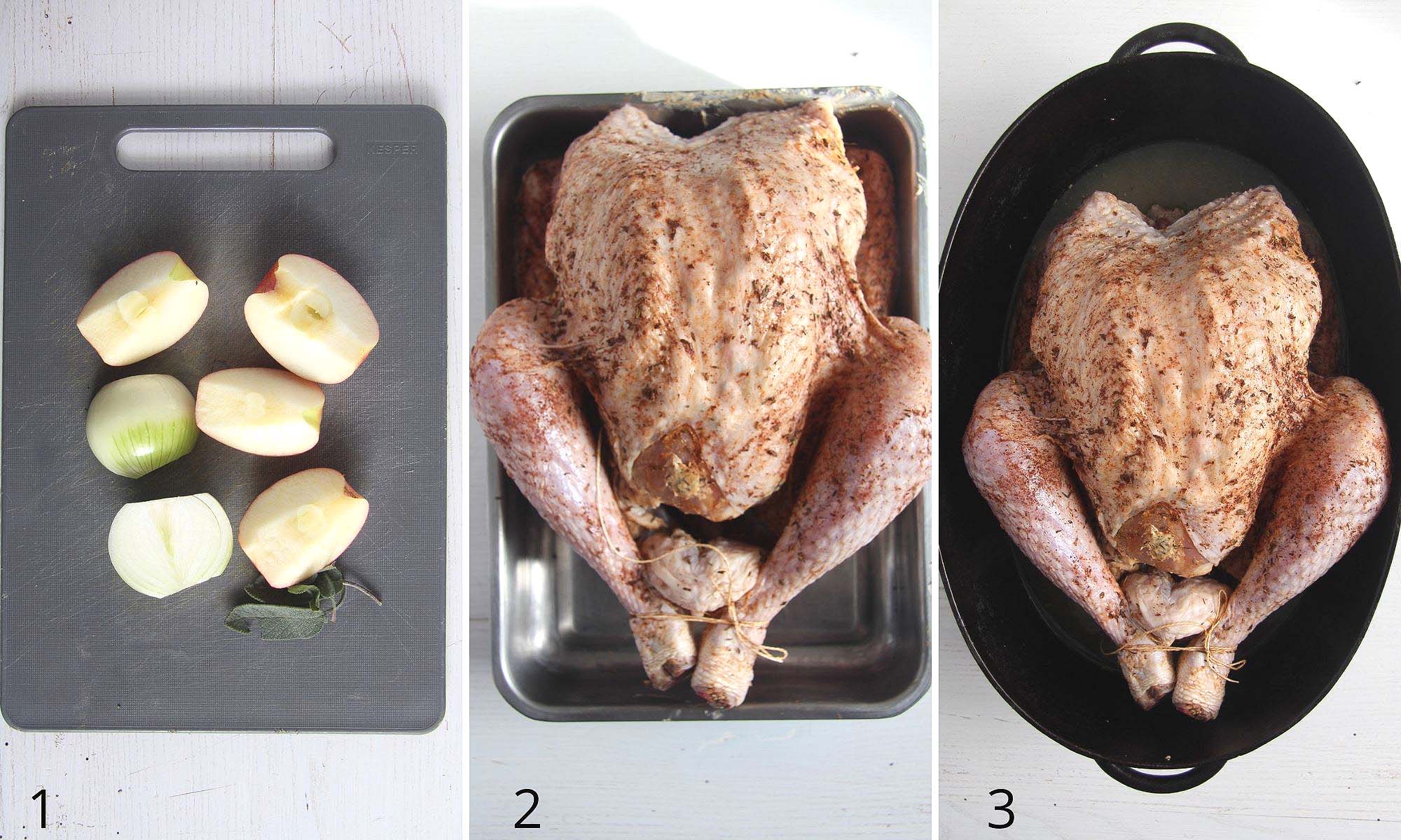 collage of three photos with stuffing and whole turkey in cooking pot