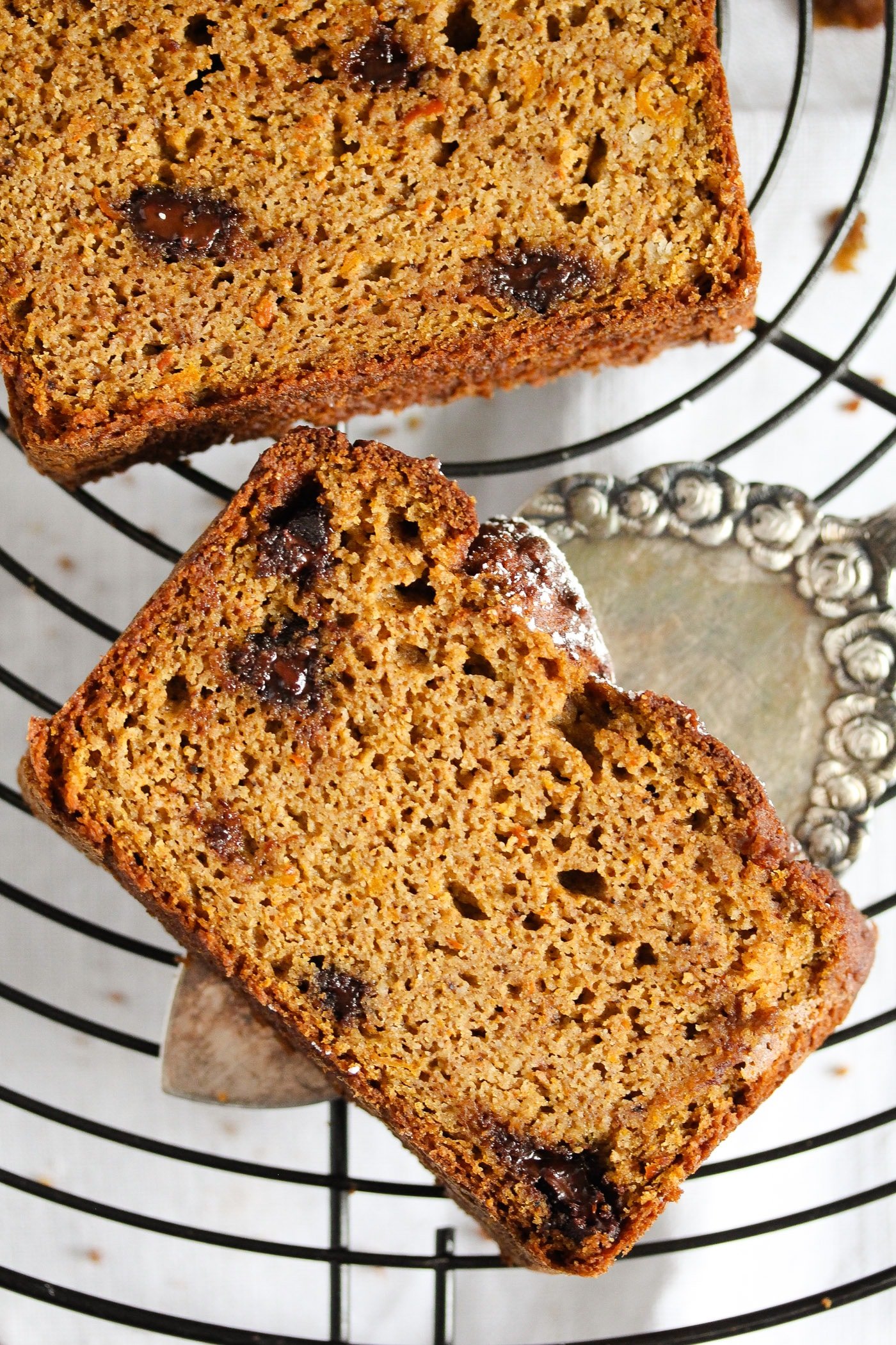 slice of healthier pumpkin bread with chocolate chips