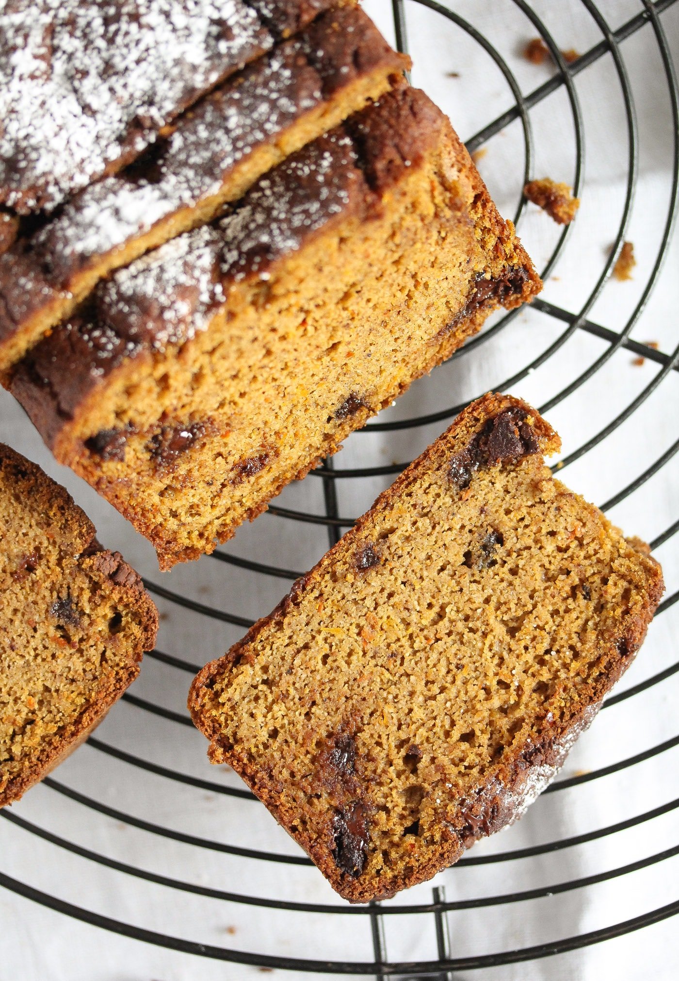 sliced almond flour pumpkin bread with chocolate chips