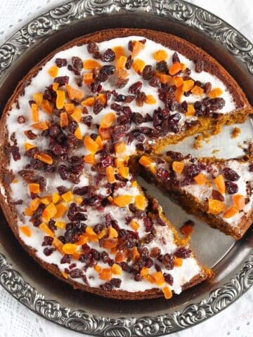pumpkin fruitcake glazed and topped with dried fruit