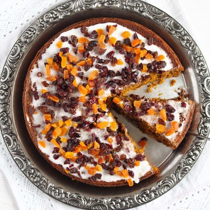 pumpkin fruitcake glazed and topped with dried fruit