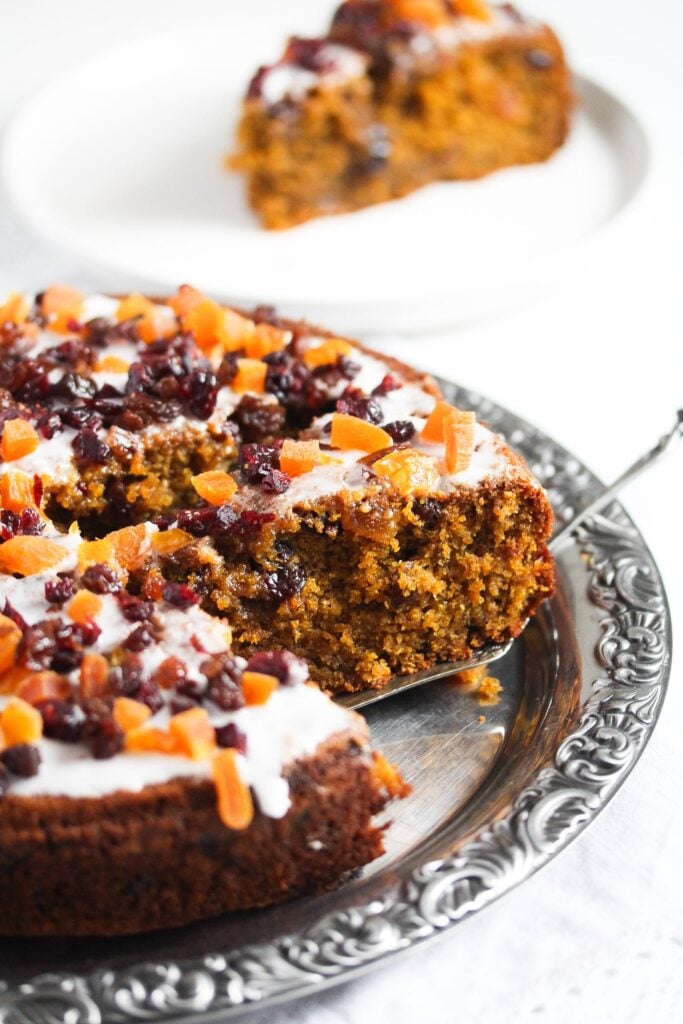 serving a slice of fruit cake with pumpkin