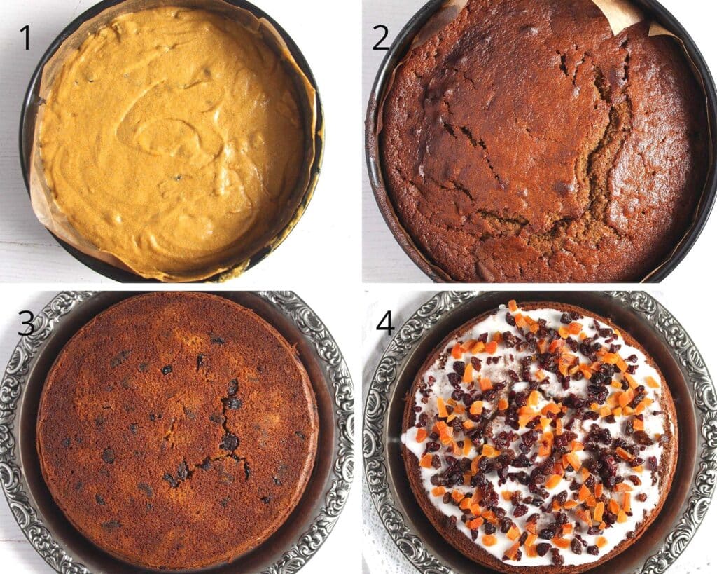collage of 4 pictures showing the different stages of baking a fruitcake