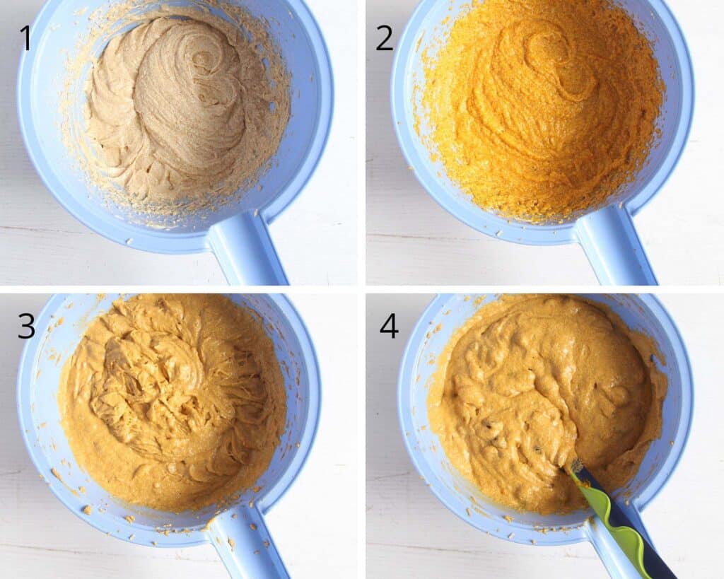 collage of 4 photos of making batter for fruitcake
