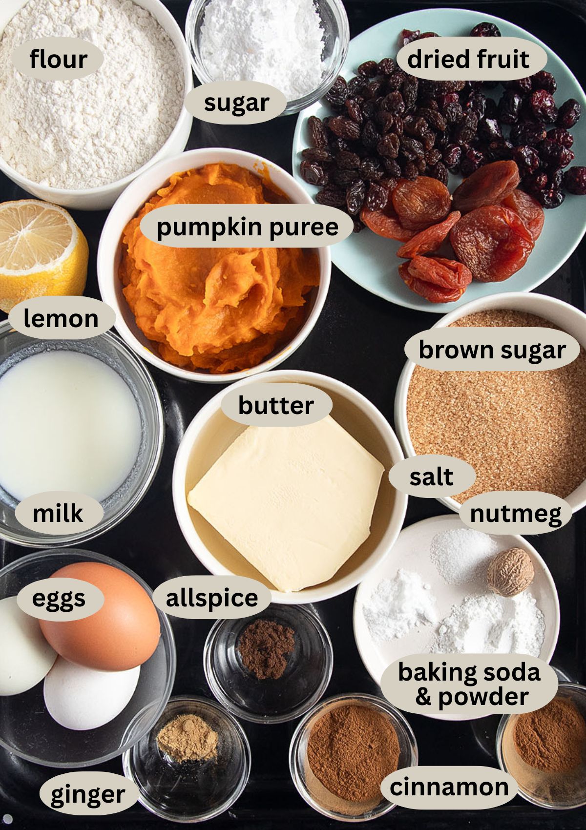 labeled ingredients for making fruitcake with pumpkin puree and dried fruit.