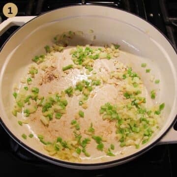 sauteing green pepper and onions in a dutch oven.