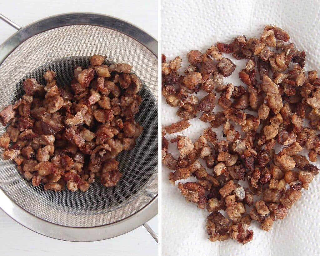 collage of two picture of cracklings in a sieve and on kitchen paper