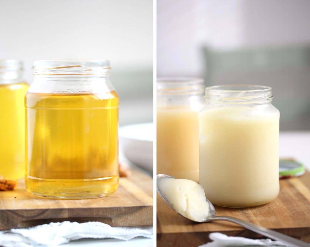 collage of two pictures of rendered fat golden and then solid