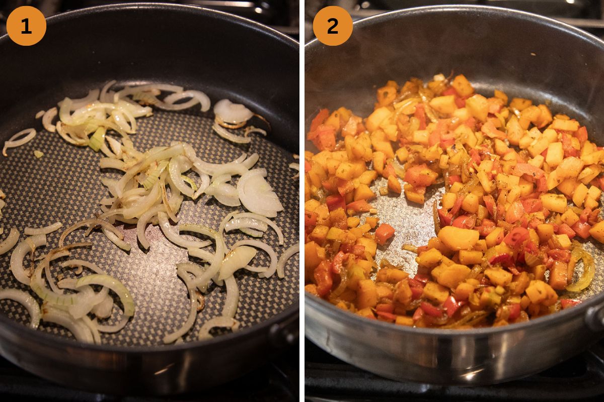 collage of two pictures of frying onion slices and then adding carrots and peppers to a saucepan.