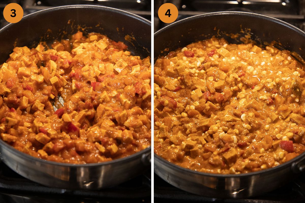 collage of two picture of cooking vegetable sauce for lasagna in a pan.