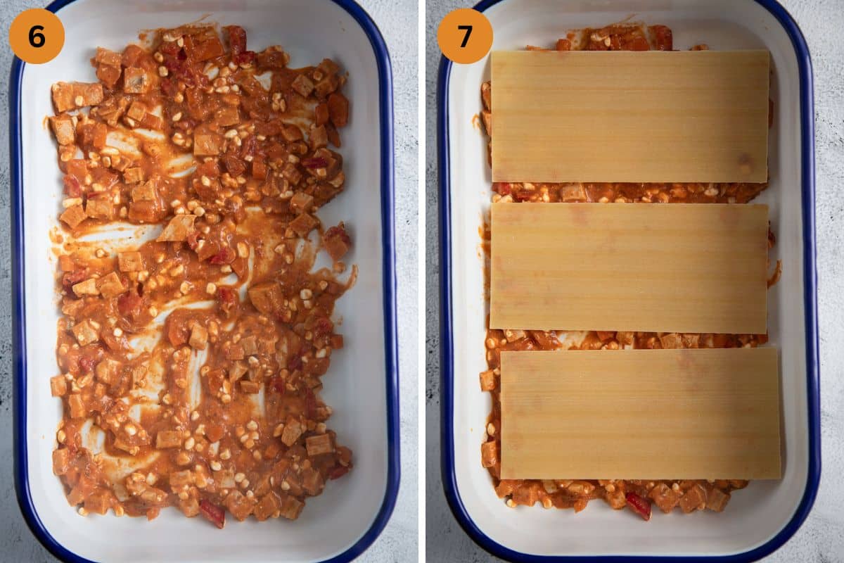 collage of two pictures of layering meat sauce and lasagna sheets in a baking dish.