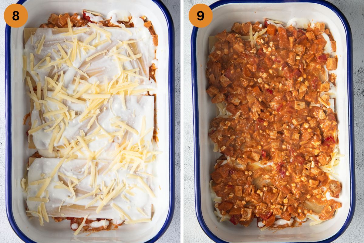 collage of two pictures of layering cottage cheese sauce, cheese and meat sauce for lasagna in a baking dish.