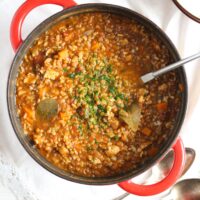 turkey lentil soup with vegetables and rice in a red pot