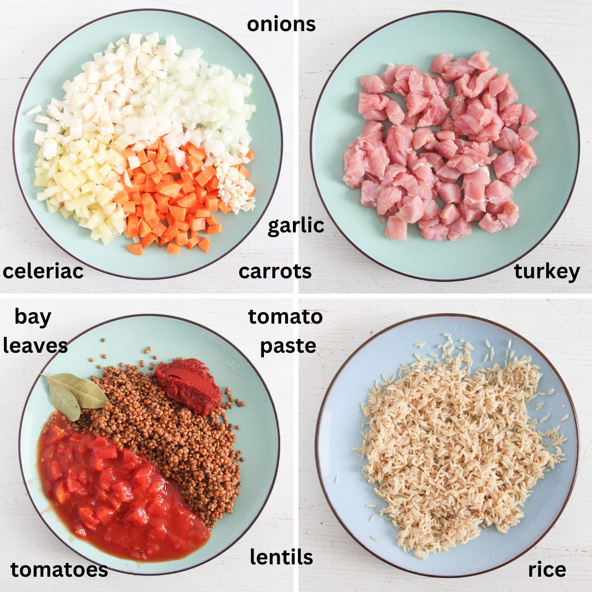 collage of four pictures of plates containing the labeled ingredients for making turkey lentil soup.