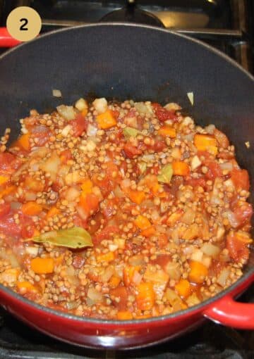 adding lentils and canned tomatoes to a pot.
