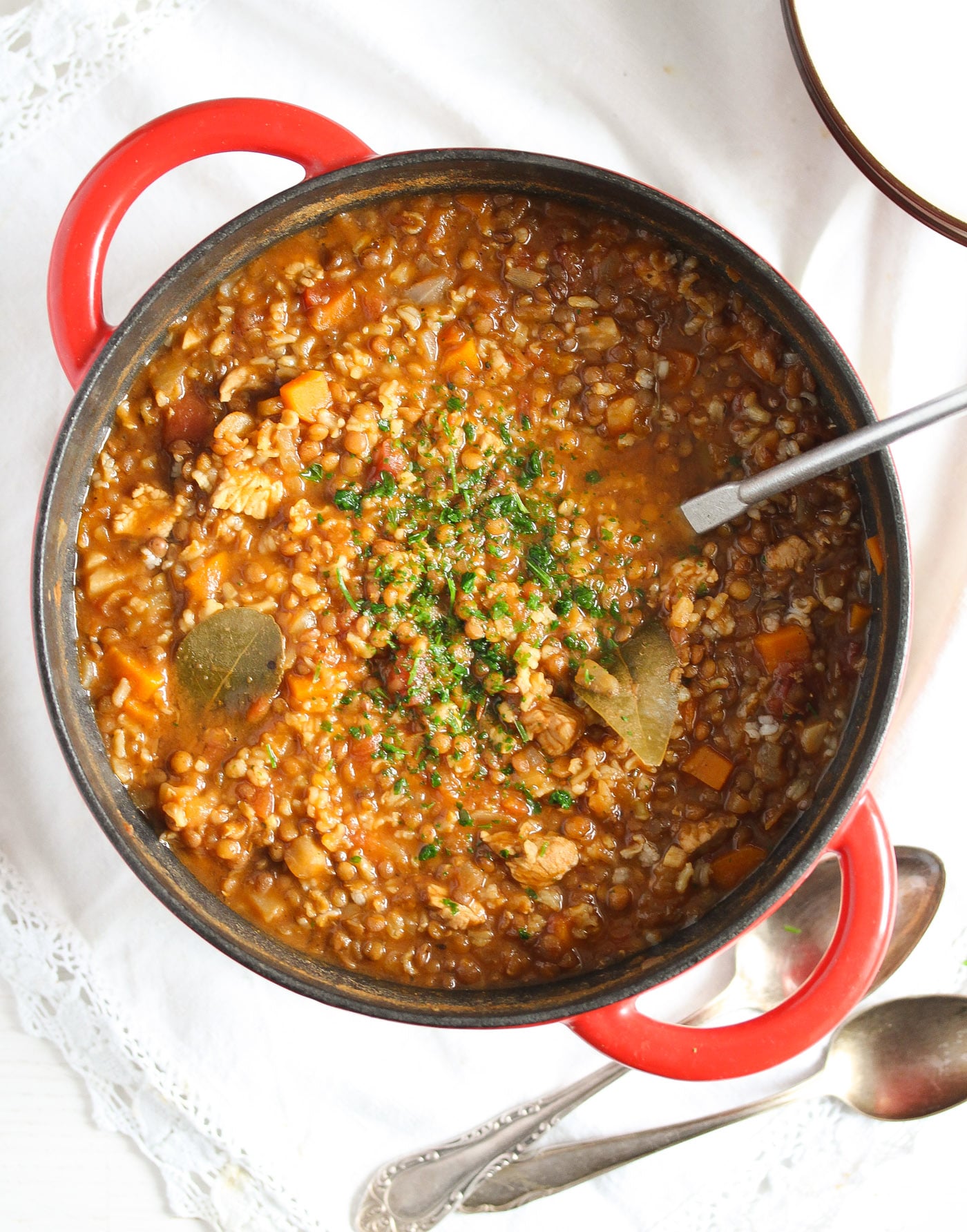 turkey lentil soup with vegetables and rice in a red pot.