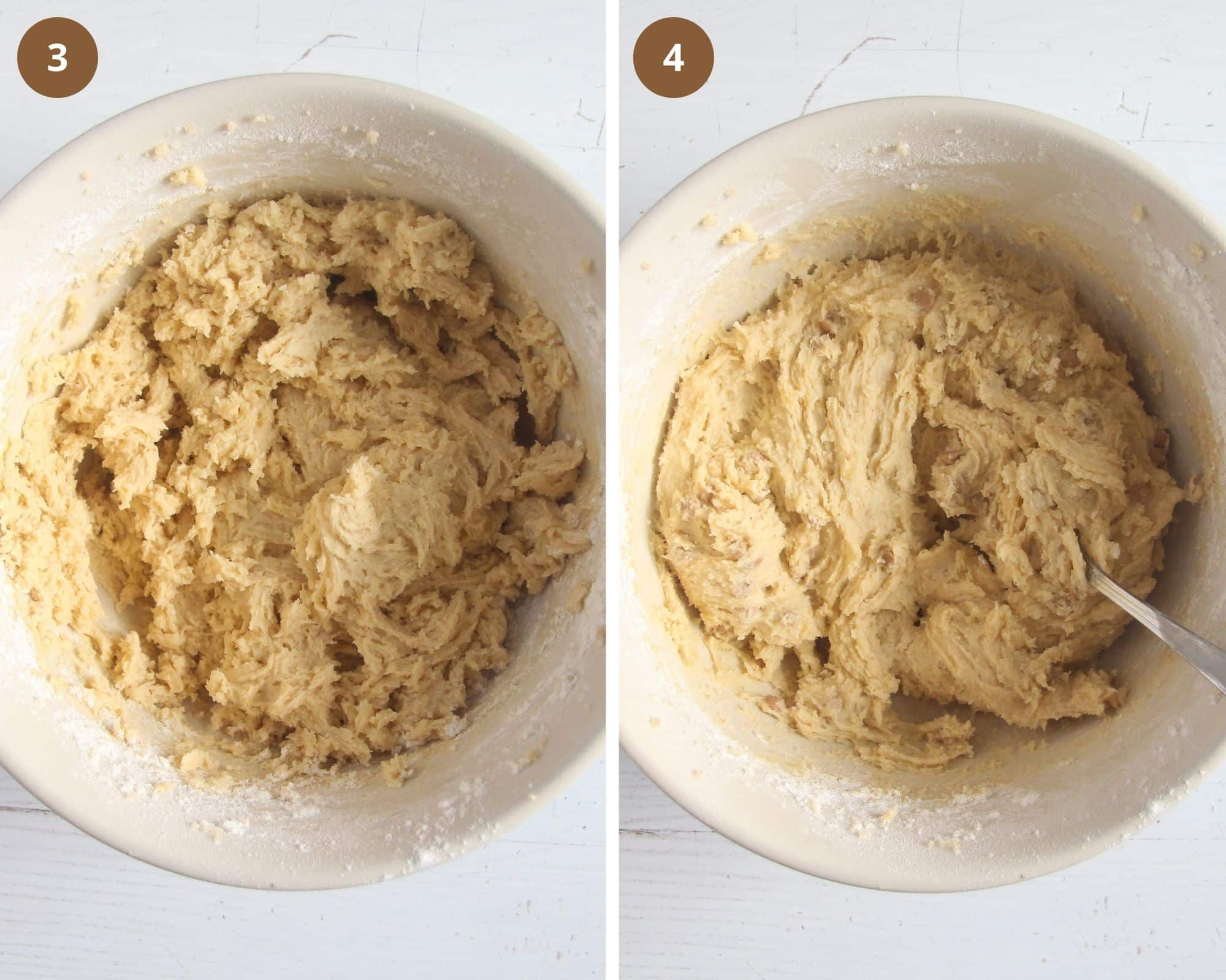 collage of two pictures of stirring batter for cake in a bowl.